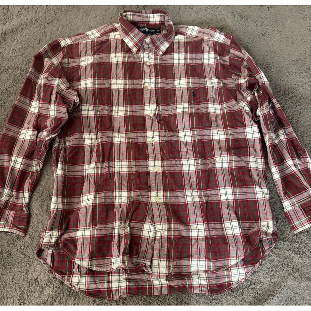 Ralph Lauren Big Shirt Mens L Red Green Tartan Plaid w/Black Pony Cotton Vintage